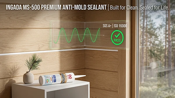 INGADA MS-500 premium anti-mold sealant tube displayed in a modern Scandinavian wooden house interior, featuring a clean white joint with a digital overlay showing SGS A+ and ISO 16000 indoor air quality certification pass results.