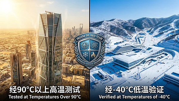 A professional composite image demonstrating the extreme thermal stability of INGADA MS Polymer sealants, featuring a hot Middle Eastern skyscraper at +90°C and the 2022 Winter Olympics ice hockey venue at -40°C, highlighting Ph.D.-led R&D and verified performance in landmark global projects.