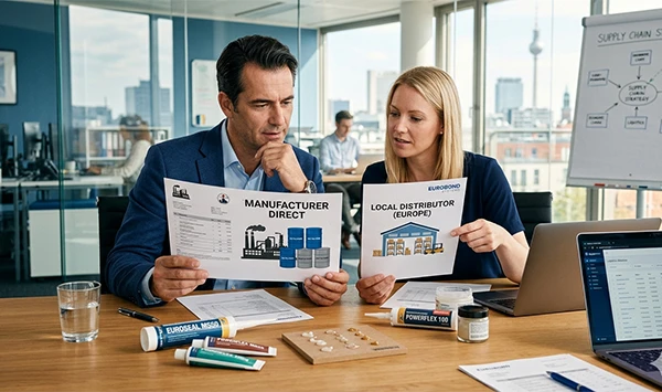 Professional European procurement managers in a modern office comparing MS polymer adhesive quotes between manufacturer-direct sourcing and local industrial distributors.