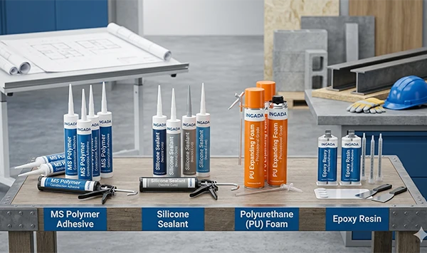 A professional hero image for a construction adhesive selection guide featuring INGADA high-performance products including MS Polymer, Silicone Sealant, Polyurethane (PU) Foam, and Epoxy Resin cartridges on a modern workshop table with blueprints.