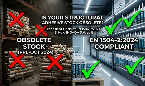 A B2B infographic contrasting a messy warehouse of obsolete, non-compliant structural adhesive (pre-October 2024) labeled with red Xs, against an organized warehouse of bright, green-checkmarked INGADA MS Polymer adhesive, certified compliant with the new EN 1504-2:2024 standard for European construction projects.