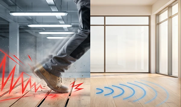 ΔLw ≥16dB impact noise reduction comparison: hollow floating floor drumming vs quiet solid floor for US/EU commercial construction projects