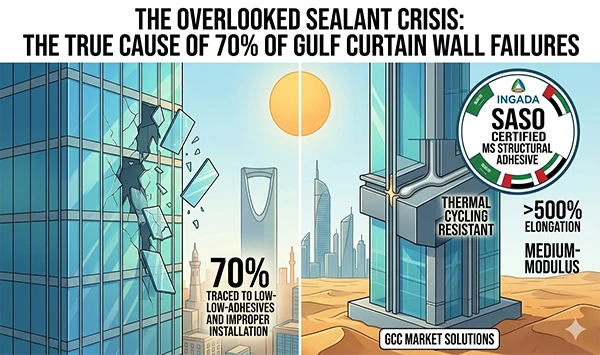 INGADA side-by-side comparison: 70% of Gulf curtain wall glass falls from bad sealants vs SASO certified MS structural adhesive with >500% elongation