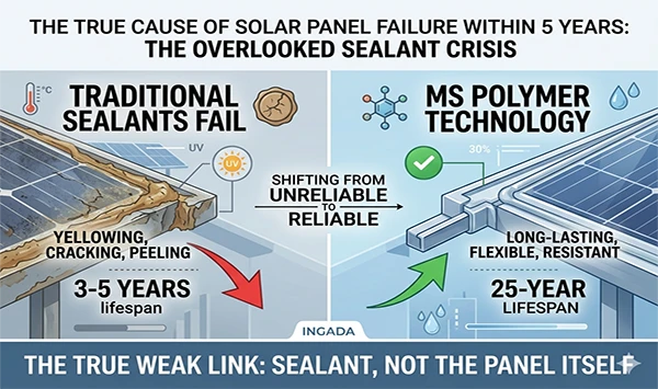 INGADA infographic comparing solar panel failure from traditional sealants vs long-lasting MS polymer technology, showing yellowing, cracking vs 25-year lifespan