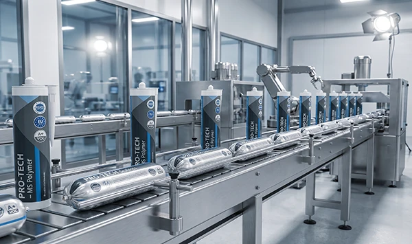 Custom branded MS polymer adhesive packaging on an automated production line by private label chemical manufacturer INGADA.