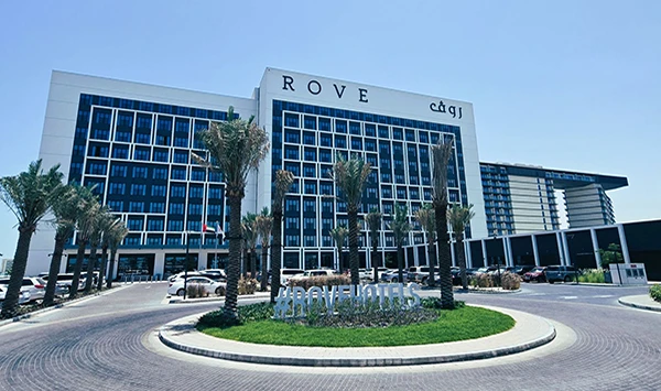Contemporary facade of Rove Hotel Al Marjan Island in Ras Al Khaimah, UAE, showcasing modern hospitality architecture