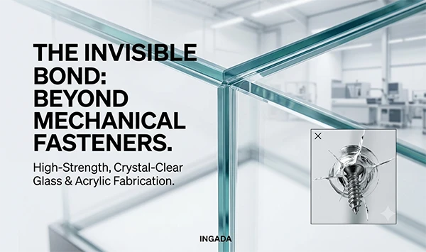 INGADA MS-88 crystal-clear structural adhesive for fastener-free luxury glass retail display fabrication, 92% optical clarity, 2.2 MPa strength.