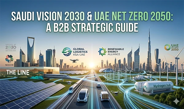 Saudi Vision 2030 and UAE Net Zero 2050 Strategic B2B Guide title card banner, featuring Riyadh NEOM skyline, Dubai Abu Dhabi skyline, interconnected green infrastructure, solar power arrays, international corporate collaboration, future technology and strategic investment visualization, 600:355 aspect ratio.