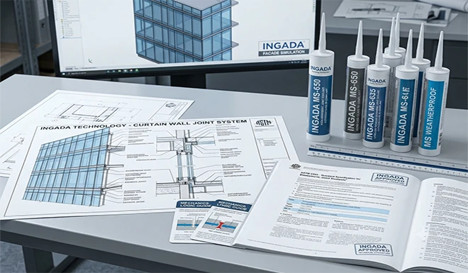 A technical B2B engineering workspace showing architectural drawings, curtain wall joint details, and elastomeric sealant cartridges for ASTM C920 compliance testing.