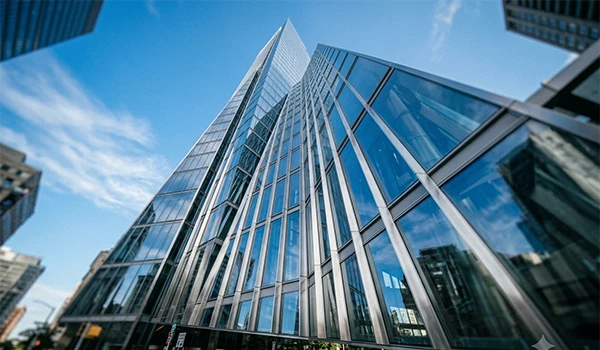High-angle architectural view of a modern glass and steel curtain wall skyscraper featuring clean weatherproofing sealant joints.