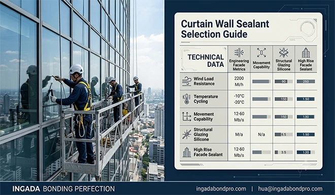 Curtain wall sealant selection guide showing structural glazing silicone, high rise facade sealant requirements, wind load resistance, and movement capability