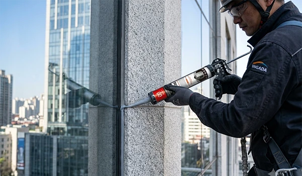 Professional application of a clean, non-staining MS Polymer expansion joint sealant on a modern commercial high-rise glass and stone curtain wall facade.