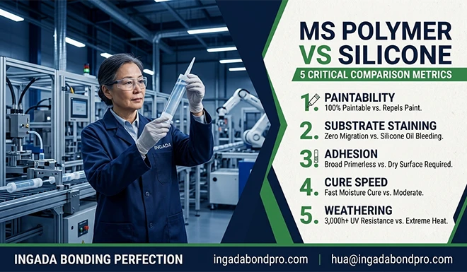 MS Polymer vs silicone sealant comparison showing paintability, UV resistance, adhesion, movement capability, and engineering applications for construction projects