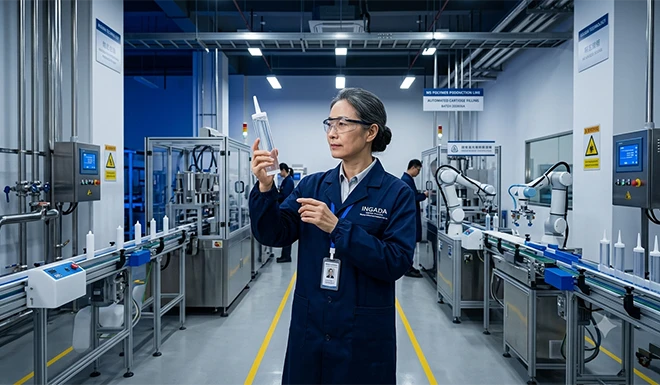 INGADA quality assurance engineer evaluating MS polymer and silicone sealant cartridges in an ISO 9001 certified laboratory facility.