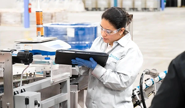 OEM adhesive manufacturing production line with private label industrial sealant cartridges and quality control inspection at INGADA manufacturing facility