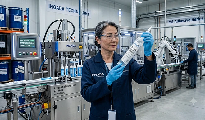 INGADA quality engineer conducting raw material and extrusion testing inside an ISO 9001 certified OEM sealant manufacturing facility.