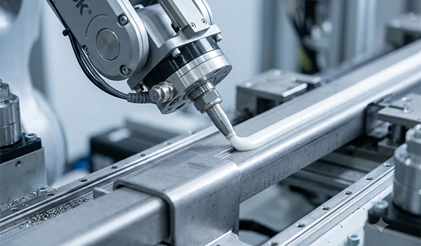 Robotic application of high-strength structural MS Polymer adhesive on a steel component in an industrial manufacturing facility.