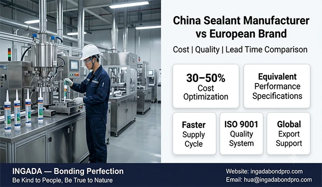 China sealant manufacturer vs European brand comparison showing cost reduction, quality performance, and lead time advantages for industrial procurement buyers