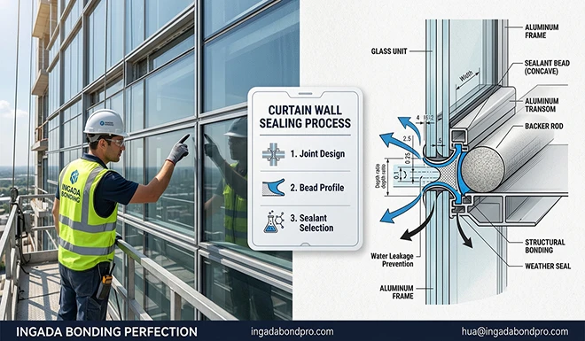 Glass curtain wall sealant sealing process showing joint geometry bead profile and waterproof leakage prevention