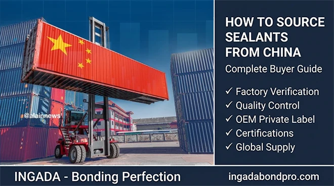 How to Source Sealants from China Complete B2B Buyer Guide by INGADA featuring shipping container logistics, factory verification, quality control, OEM private label manufacturing, and global supply certification.