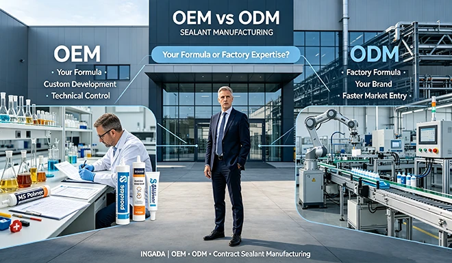 OEM vs ODM sealant manufacturing comparison showing custom formula development and factory private label production