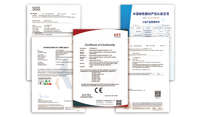 Official product certificates and SGS test reports for INGADA sealants, including CE, French VOC A+, and RoHS compliance.